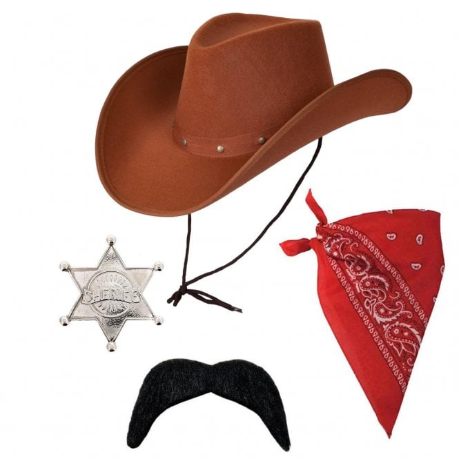 Adult Texan Cowboy Brown Hat + Red Bandana + Silver Sheriff Badge + Black Tash