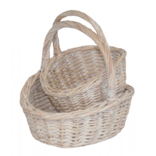 Kids & Toddler Set of 2 White Wash Buff Shopping Baskets (1 Small + 1 Mini) 